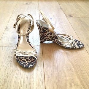 Aldo gold/leopard wedge ankle cross strap
